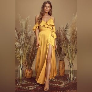 Lulu’s Mustard Yellow Satin Wrap Dress - XXS
